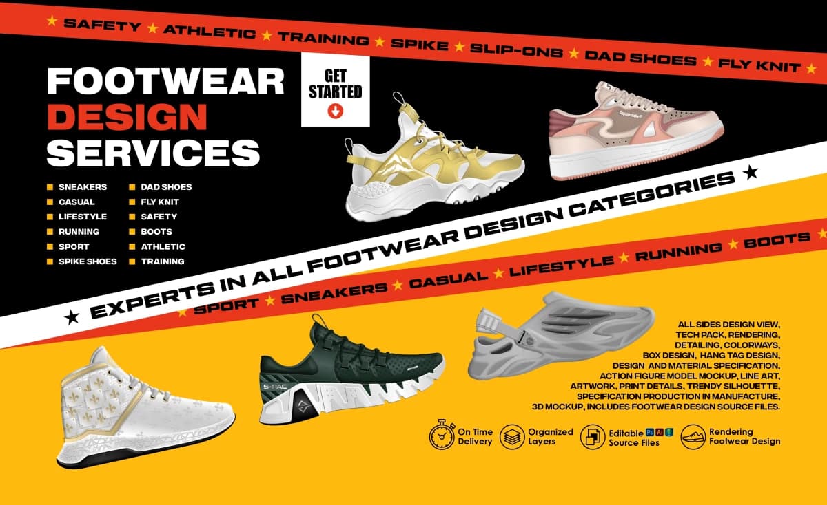 Konsep Desain Sepatu Modern dan Trendi dengan Paket Teknologi + Render untuk Brand dan Manufacture