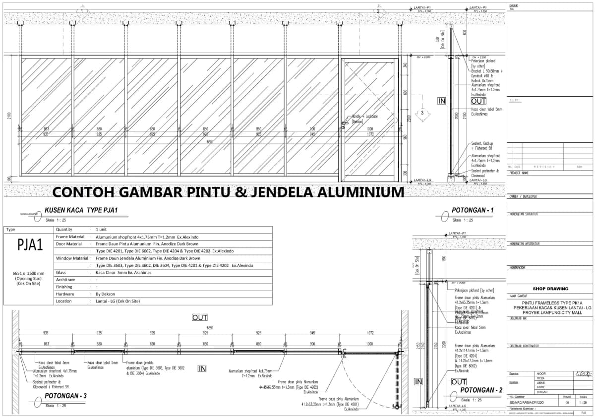 Shop Drawing Kusen Alumunium, Kaca Frameless & Pintu Automatic